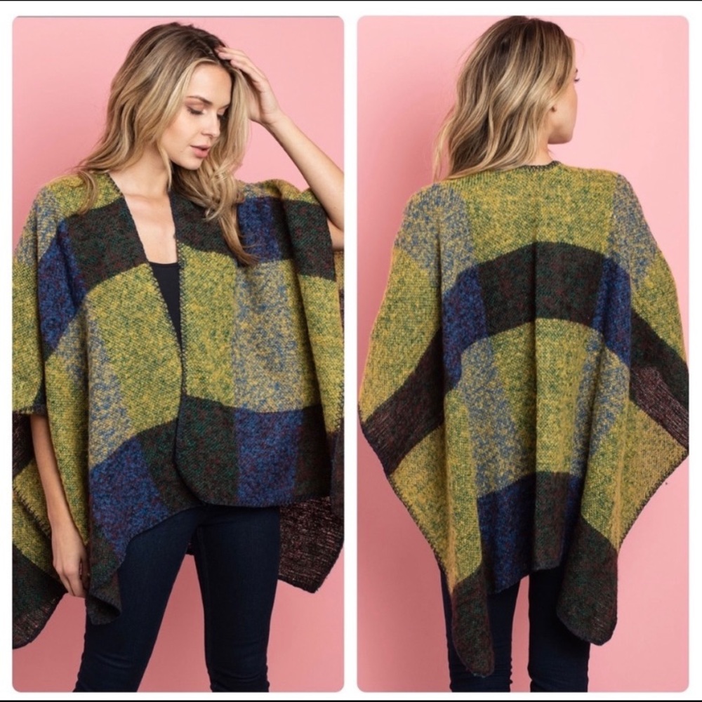 Multi-Colored Striped/Checkered Poncho-One Size